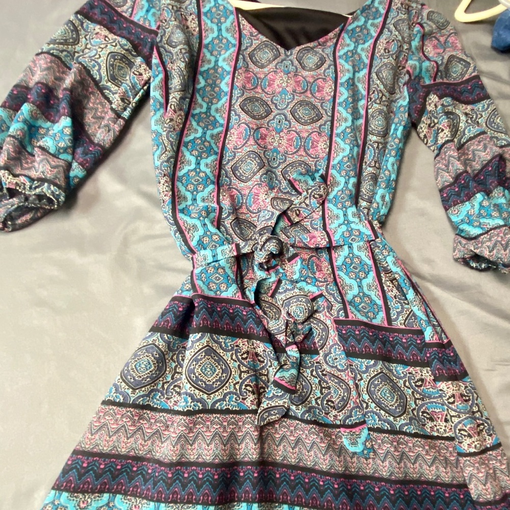 Blue and pink printed mid sleeve dress - Picture 2 of 3